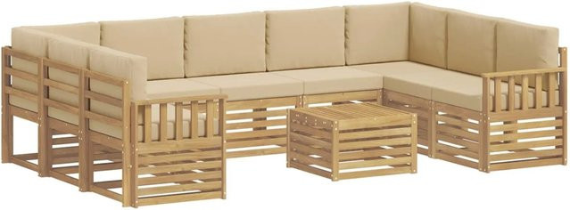 vidaXL Outdoor-Sofagarnitur 8-teilig in L-Form aus Akazienholz mit Polsterkissen in Weiß und Beige, B/T/H: 59 x 59 x 37 cm - Bild 1