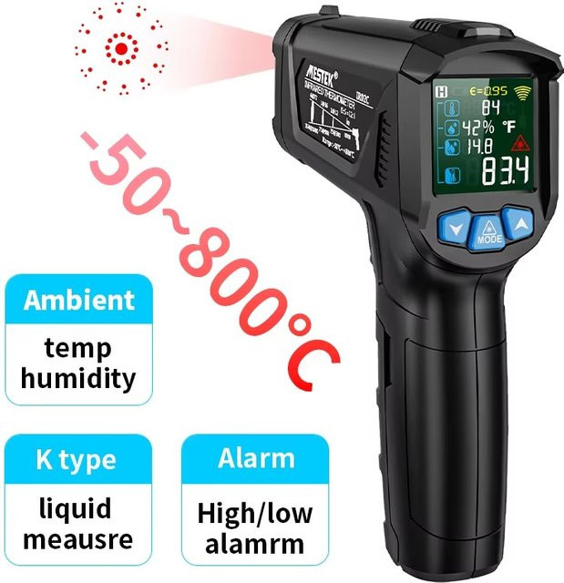 Mestek Digitales Infrarot-Thermometer als berührungloses Lasertemperaturmessgerät und Pyrometer mit Hygrometer in Schwarz - Bild 1