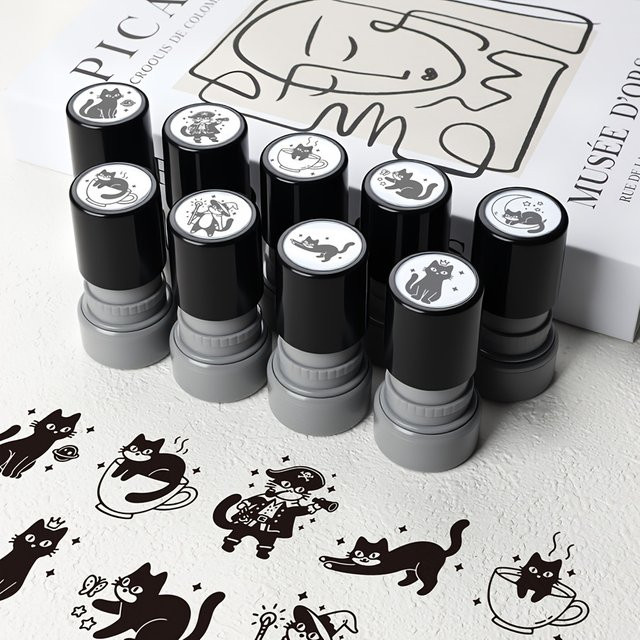 Set aus selbststempelnden Cartoon-Katzen-Stempeln in Schwarz für Scrapbooking und DIY-Bastelarbeiten - Bild 1