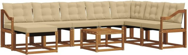 vidaXL Sofa Set 9-teilig L-Form aus Akazienholz und Textilene in Natur und Beige mit UV-beständigen Kissen - Bild 1