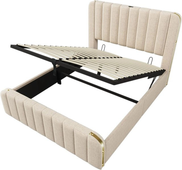 Merax Polsterbett mit USB-C Ladestation und Hydraulik-Lift in Beige mit Gold-Akzenten B/T/H: 140 x 200 x 101 cm - Bild 1