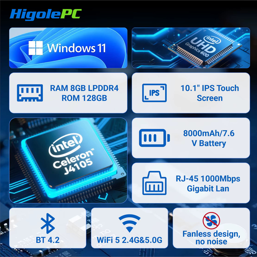 Higole F7G Robustes Industrielles Tablet mit 10,1 Zoll Display, Intel J4105, Windows 11, 8GB RAM, 128GB Speicher, WiFi5, RS232 Scanner, IP65 Schutz, Schwarz - Bild 2