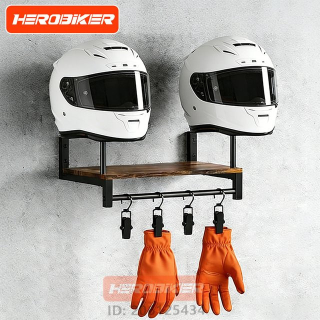 HEROBIKER Motorradhelm-Wandhalterung aus Holz mit verstellbaren Haken in Schwarz und Braun - Bild 1