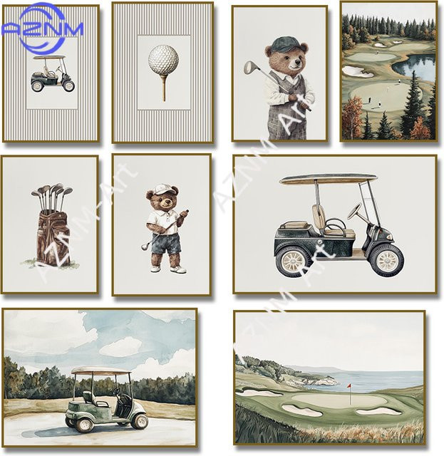 KAYOU Leinwanddruck Teddybär Golf-Motiv Wandkunst Bild in Mehrfarbig für dein Wohnzimmer oder deine Heim-Dekoration - Bild 1
