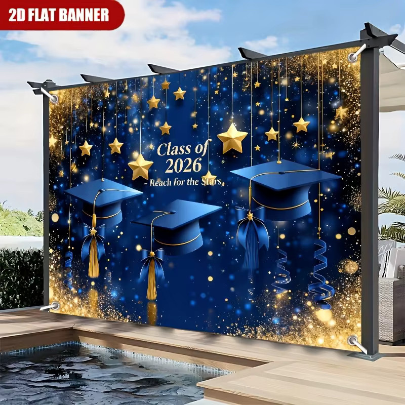 VIKAMA Abschlussfeier Wandteppich Jahrgang 2026 Banner Fotokulisse Blau mit Sternen und abstraktem Design - Bild 4