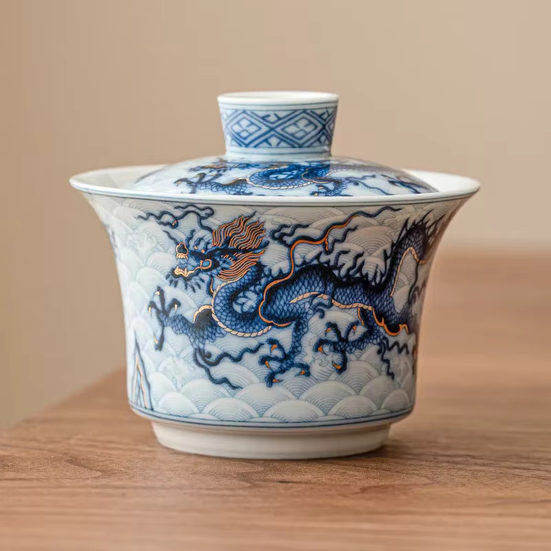 YMOLGA Keramik Gaiwan Teezubereitung Set mit chinesischem Drachen-Motiv und Metall-Inlay in Blau und Weiß, 3-teilig - Bild 2