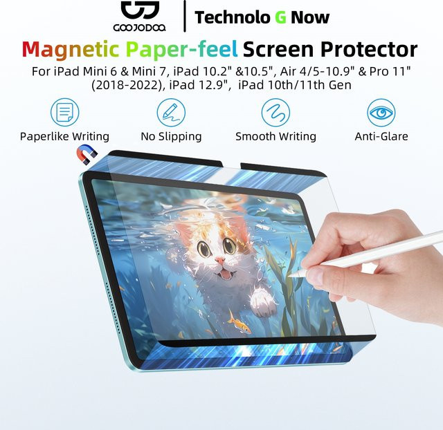 GOOJODOQ Magnetischer Displayschutz mit Papiergefühl und Blendschutz für iPad Gen 10, Gen 9, Gen 8, Gen 7, Pro 11, Pro 12.9, Mini 6 und Mini 7, transparent - Bild 1