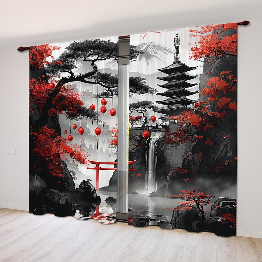 Yiran Furniture 2-teiliger halbverdunkelnder Vorhang mit japanischem Landschafts- und Torii-Tor-Design aus Polyester, Mehrfarbig, B: 100 cm, H: 130 cm - Bild 5