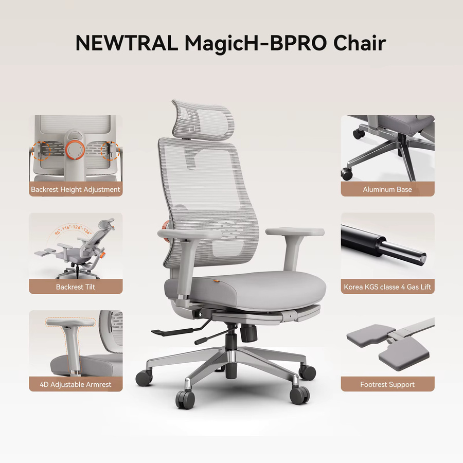 Newtral MagicH-GPro Ergonomischer Home-Office Stuhl mit Arbeitsstation LAPD in Grau mit Fußstütze, 5D-Kopfstütze und 4D-Armlehnen - Bild 3