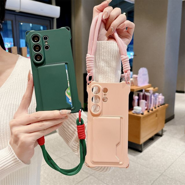 Silikon Handyhülle mit Handgelenkband und Brieftasche für Samsung Galaxy S26 S25 S24 Ultra S23 FE S22 Plus A17 A56 in Grün - Bild 1