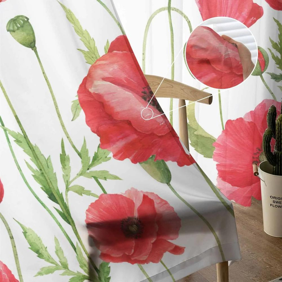 Yiran Furniture Transparente Voile-Vorhänge mit rotem Mohnblumenmotiv in Aquarell-Optik, Breite: 135 cm, Höhe: 115 cm - Bild 2