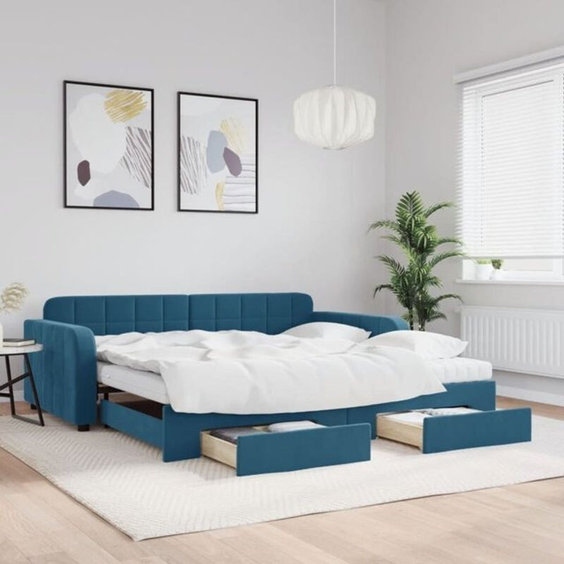 Ausziehbares Funktionsbett Vidaxl mit Schubladen aus Samt und Metall in Blau, B/T/H: 100 x 200 cm - Bild 1
