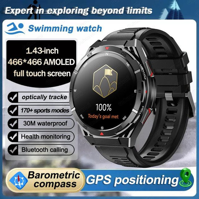 QLY Online GPS Smartwatch für Herren mit Bluetooth Anruffunktion, 100+ Sportmodi, Sprachassistent und Herzfrequenzmessung, wasserdicht, Farbe: Schwarz - Bild 1