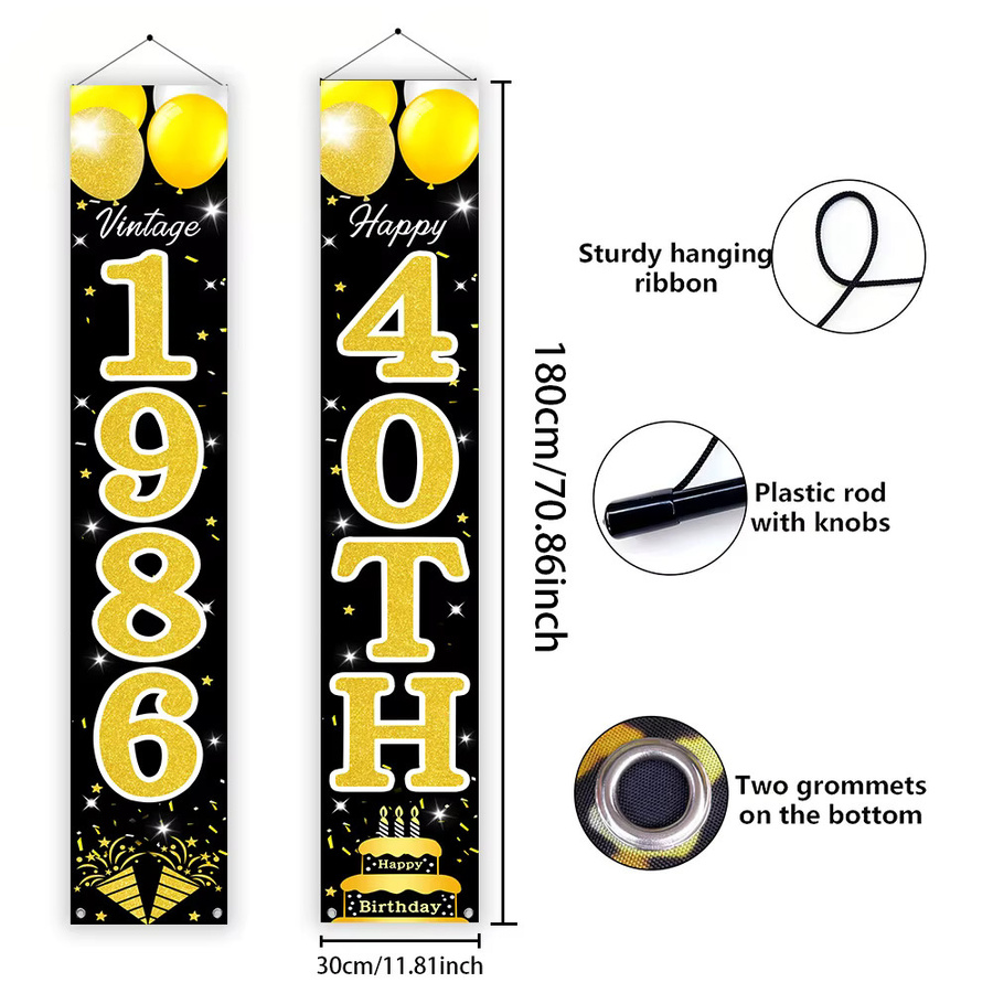 OURFETE Türbanner zum 40. Geburtstag in Schwarz und Gold, Vintage 1986 Dekoration mit Luftballons und Kuchen, Rechteckig, Höhe: 180 cm, Breite: 30 cm - Bild 5