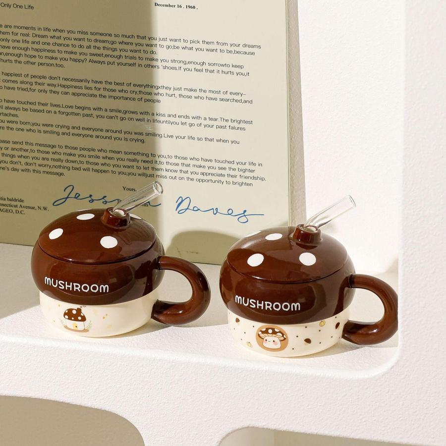 Keramischer Strohbecher mit Cartoon-Pilz-Design für kreative Geschenke, 430 ml - Bild 3
