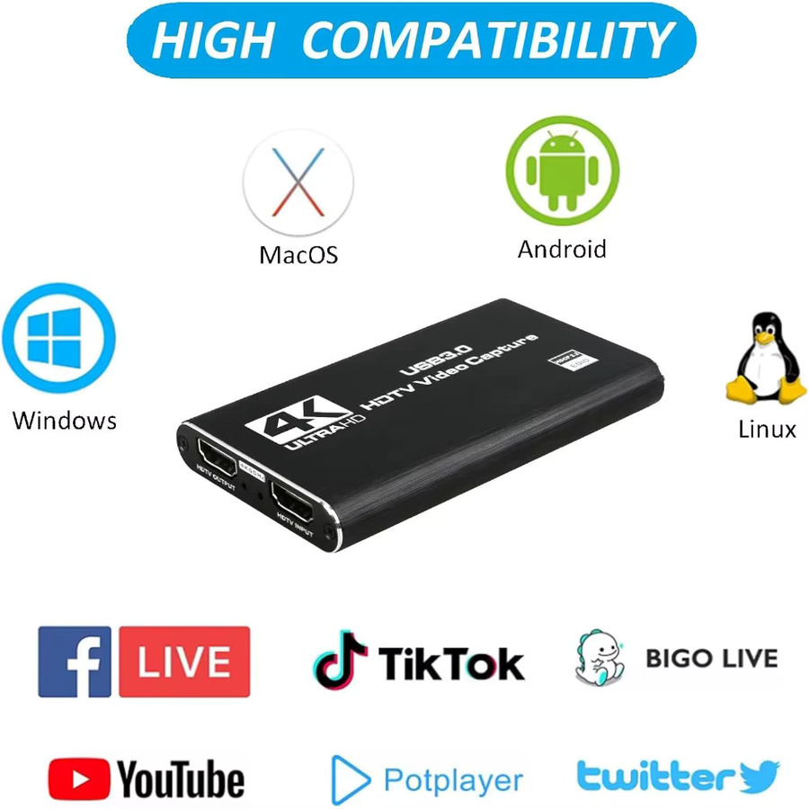 LccKaa 4K USB 3.0 Video Capture Card in Schwarz, HDMI HD Live Video Recorder Grabber für PC, PS4 und OBS zur Spielaufnahme mit Audio- und Mikrofon-Unterstützung - Bild 5