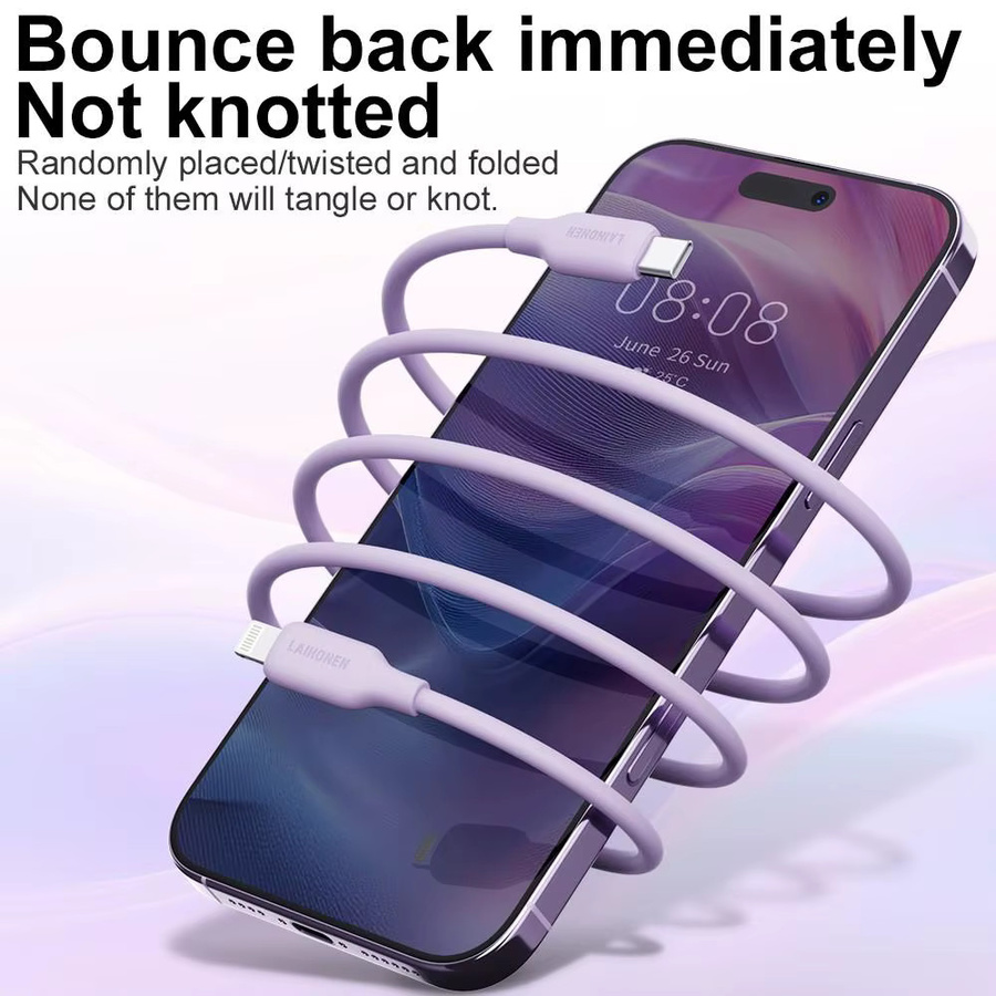 LAIHONEN USB-C zu Lightning Schnellladekabel aus flexiblem Silikon für iOS Geräte in Pink und Purple - Bild 3