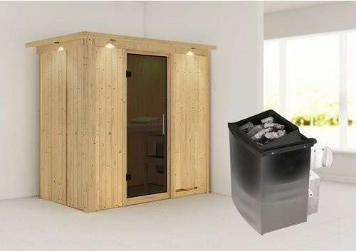 Karibu Sauna Pärnu aus Fichtenholz in Beige mit 9 kW Saunaofen und integrierter Steuerung für 2 Personen, B/T/H: 210 x 132 x 202 cm - Bild 1