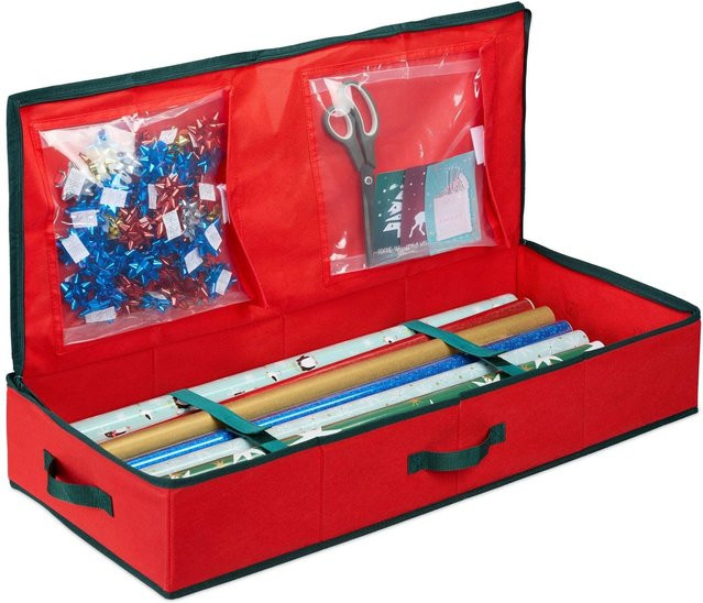 Relaxdays Geschenkpapier Aufbewahrungsbox aus Stoff in Rot, staubgeschützt und platzsparend, B/T/H: 81 x 35 x 14,5 cm - Bild 1