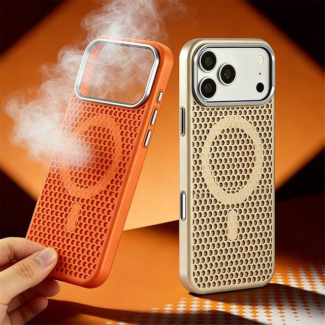 SUNWARD MagSafe Handyhülle mit Wabenmuster-Netzgewebe zur Wärmeableitung für iPhone 12 bis iPhone 17 Pro Max, stoßfeste PC-Hartschale, Schwarz oder Orange - Bild 1