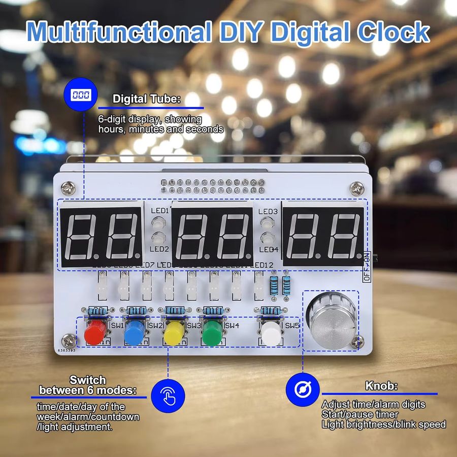 6-Bit-Digitaluhr zum Selbermachen als Lötprojekt mit Countdown, 24-Stunden-Wecker und bunten Lichtern in Multicolor - Bild 2