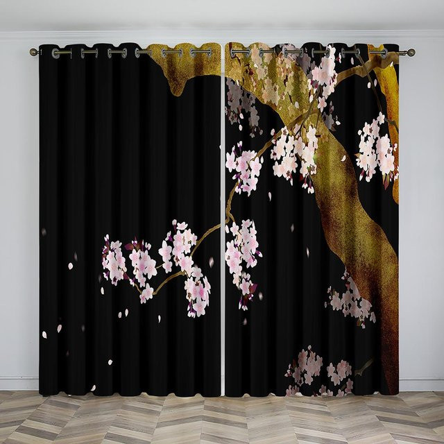 Yiran Furniture Kirschblüten Design Vorhang mit Blumen und Bäumen, 2er Set, halbtransparent, Multicolor, Breite: 100 cm, Höhe: 130 cm - Bild 1
