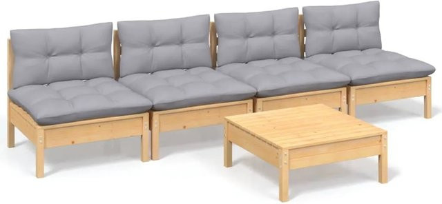 vidaXL 5-tlg. Garten-Lounge-Set aus massivem Kiefernholz mit grauen Polstern in Braun-Grau - Bild 1