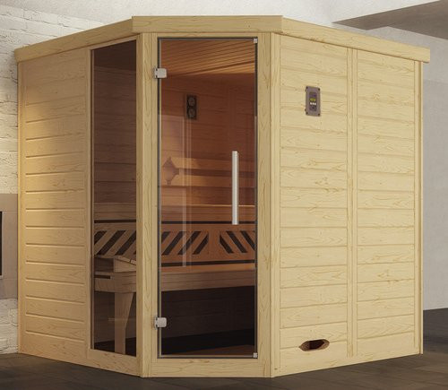 WEKA Massivholzelementsauna Kemi Eck 1 Ecksauna mit Glastür und Fenster in Beige und Graphit, B/H/T: 195 x 200 x 195 cm - Bild 1