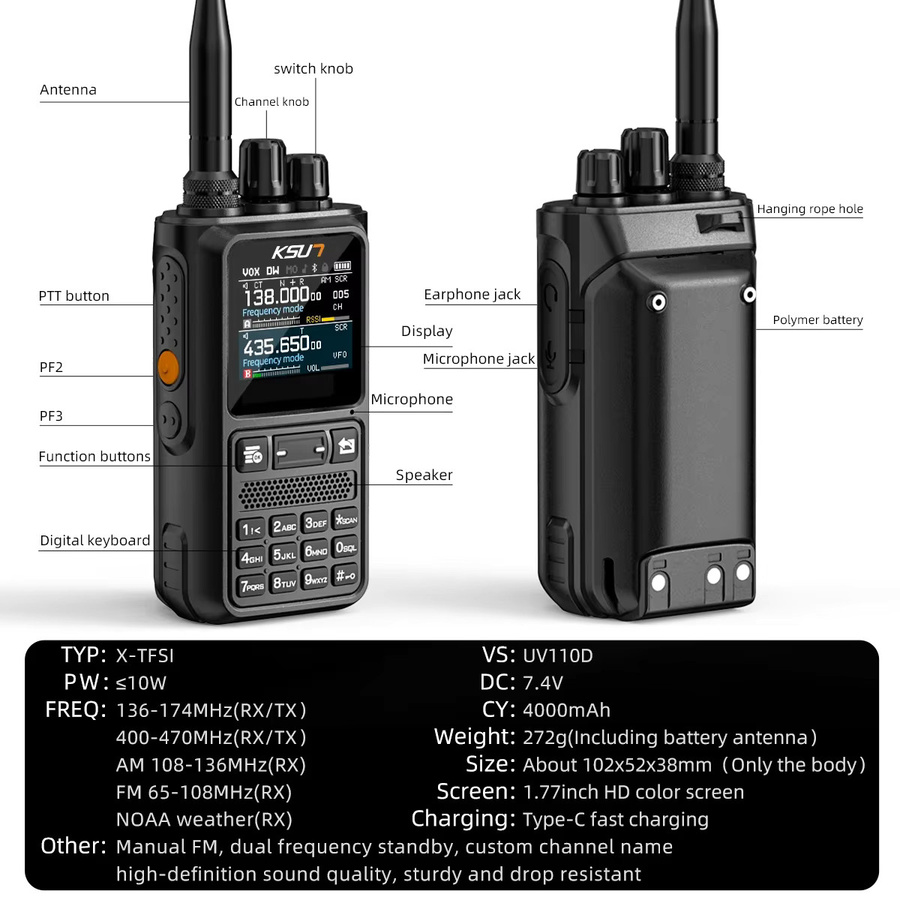 KSUN UV110D VHF UHF Dual Band HAM Funkgerät mit 10W Leistung, Bluetooth und SOS Taschenlampe, Schwarz - Bild 5