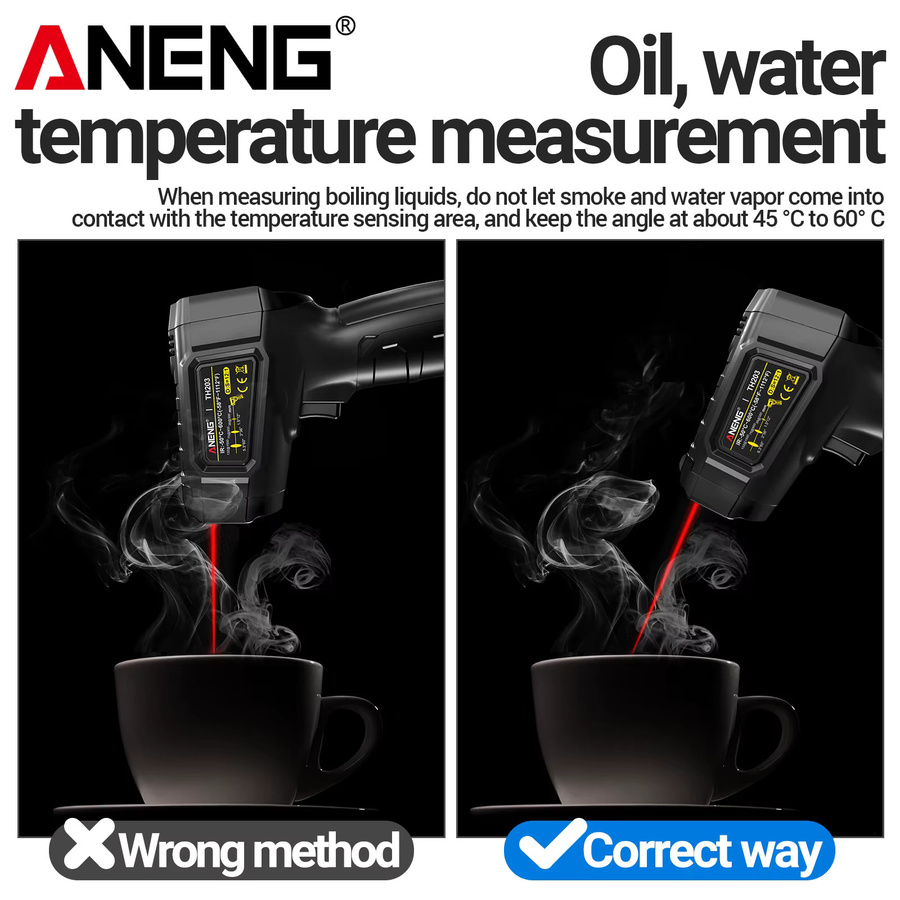 ANENG TH203 Infrarot-Thermometer in Schwarz mit einstellbarer Emissivität, Laserpositionierung und Alarmfunktion für den Bereich -50 bis 600 °C / 1112 °F - Bild 4