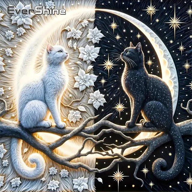 Evershine Diamond Painting Set Katze und Blumen mit Mond Motiv, DIY Kreuzstich Stickerei mit runden Steinen, Multicolour, B/B/H: 20 x 20 x 20 cm - Bild 1