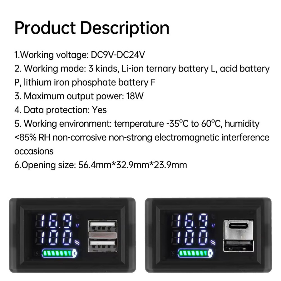 Voktta Dual USB Kapazitätstester mit Typ-C für Lithium-Batterien 9V 12V 24V mit LED-Spannungsanzeige in Schwarz - Bild 3