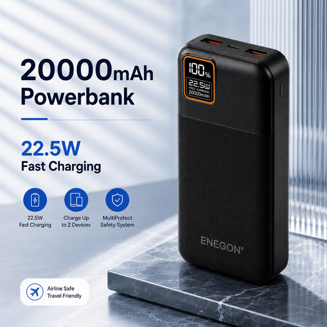 Tragbare Powerbank 20000mAh mit 22,5W PD Schnellladung, Externer Akku mit LED-Anzeige und USB-C, USB-A sowie Micro USB Anschlüssen in Schwarz - Bild 1