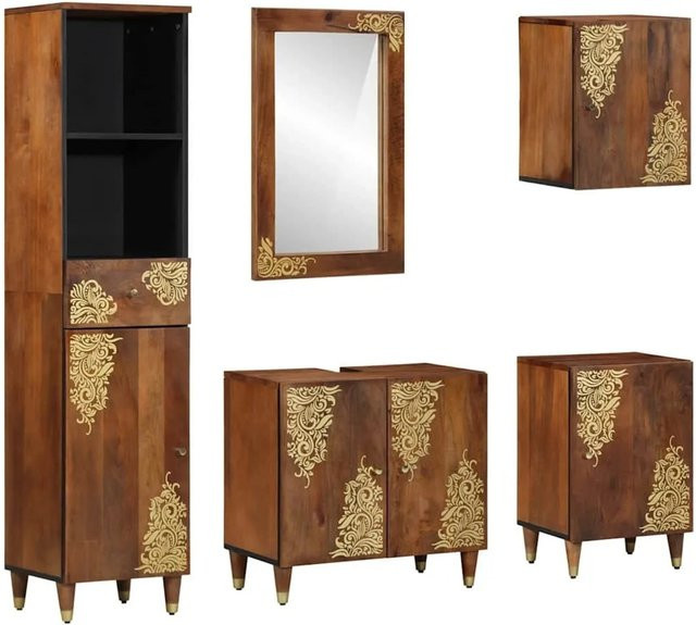 vidaXL Badezimmermöbel Set 5-teilig aus massivem Mangoholz in Honigbraun mit Waschbecken-Schrank und Spiegelschrank im rustikalen Design - Bild 1