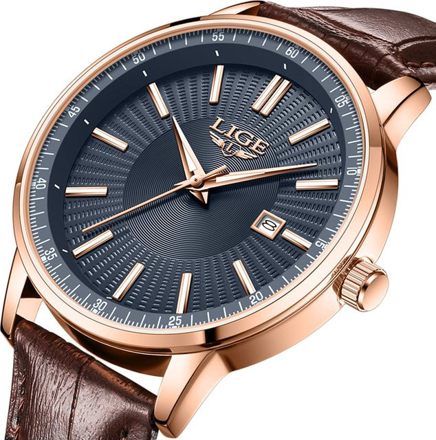 LIGE Armbanduhr Quarz, Leder, Schwarz, Roségold, Herren - Bild 1