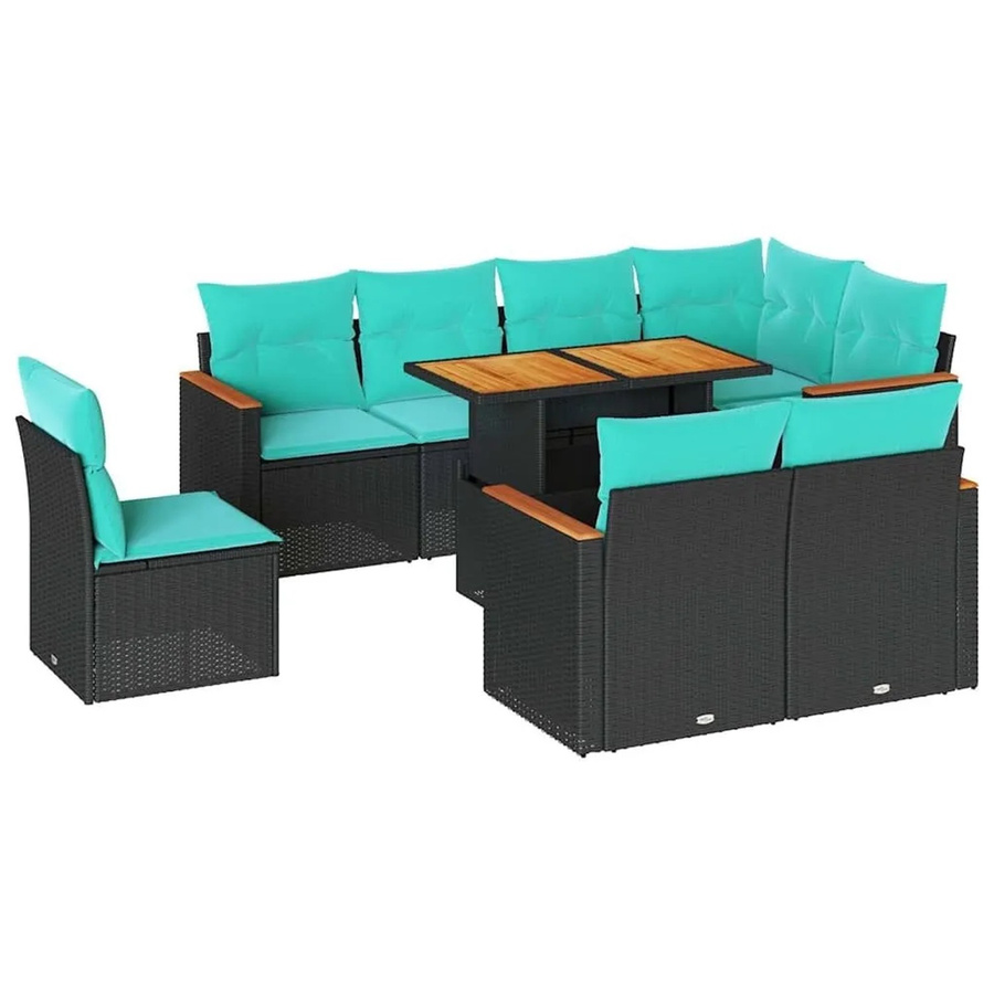 vidaXL 9-teilige Garten-Sofagarnitur aus Poly-Rattan und Akazienholz in Schwarz mit Kissen - Bild 2
