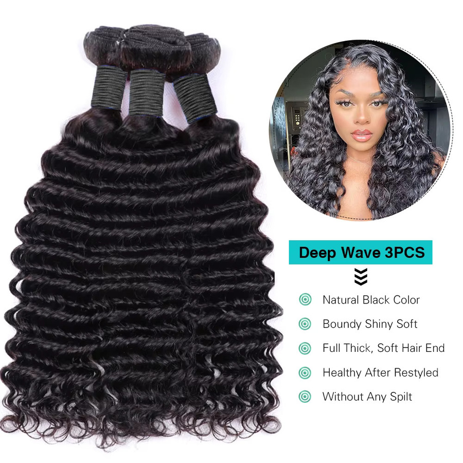 Ruinafen Deep Wave Remy Echthaar Extensions, 3 Bundles Set, Natürliche Farbe - Bild 5