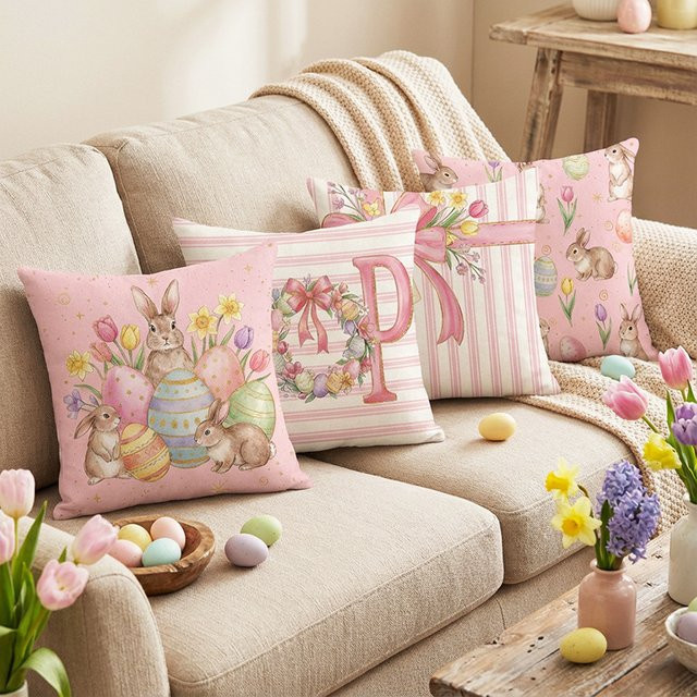VIKAMA Oster-Kissenbezüge mit Frühlings- und Hasen-Designs in Pink, quadratisch, 30 x 30 cm - Bild 1