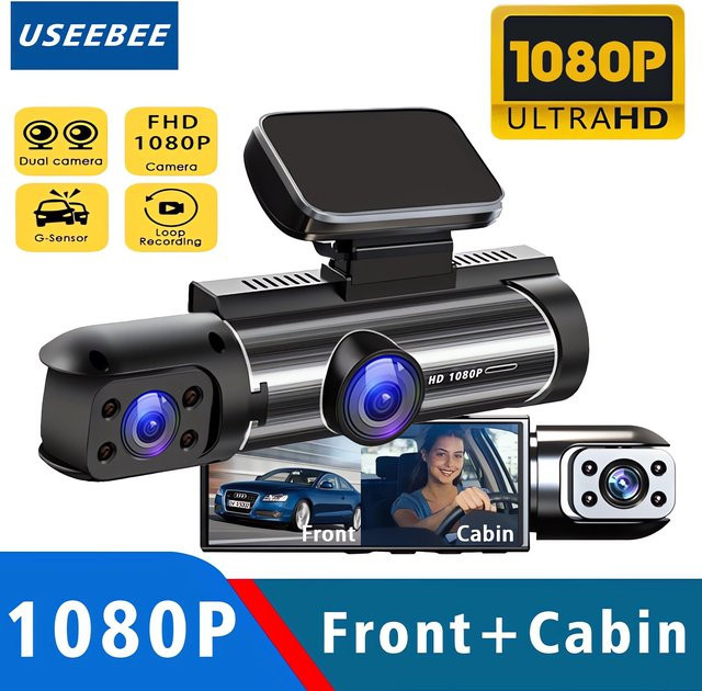 USEEBEE Dashcam Full HD 1080P mit Dual Objektiv für Fahrzeug Innenraum und Außenbereich, Schwarz - Bild 1