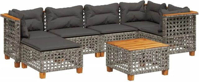 vidaXL 7-tlg Garten-Sofagarnitur in L-Form aus Polyrattan und Akazienholz mit Kissen, Grau - Bild 1