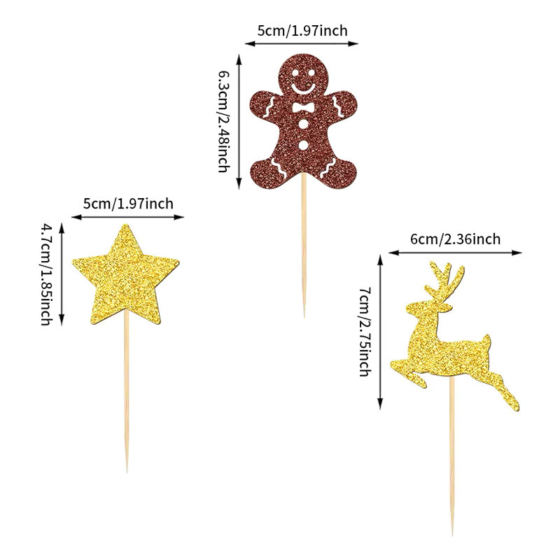 YOMDID 24 Stück Weihnachts-Kuchenaufsätze in Gold und Braun mit Hirsch und Stern als glitzernde Cupcake-Topper und Party-Kuchendekoration - Bild 5