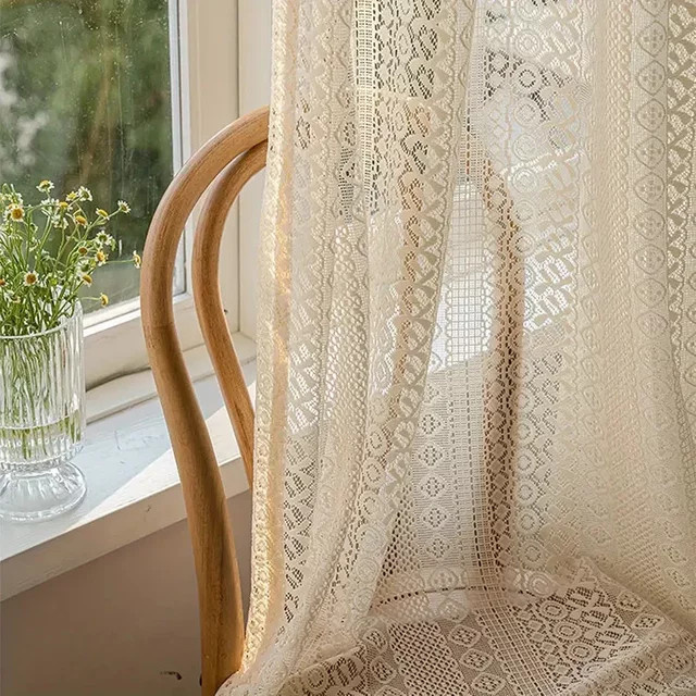 AiFish Boho Jacquard Vorhang aus Spitze und Tüll in Beige mit geometrischem Muster, Breite: 140 cm, Höhe: 160 cm - Bild 1