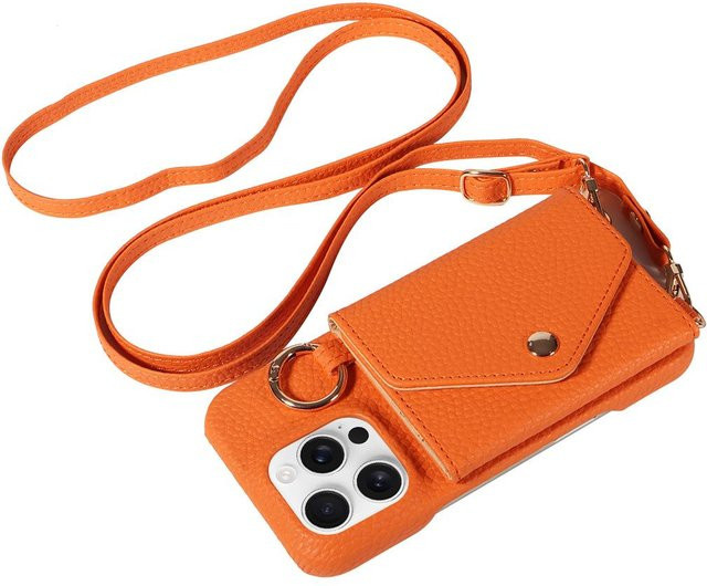 Stoßfeste Leder-Handyhülle für Samsung Galaxy S25 Ultra, S25 Plus, S24 Ultra, S24, S23 FE, S22 5G mit Spiegel und langem Lanyard in Orange - Bild 1