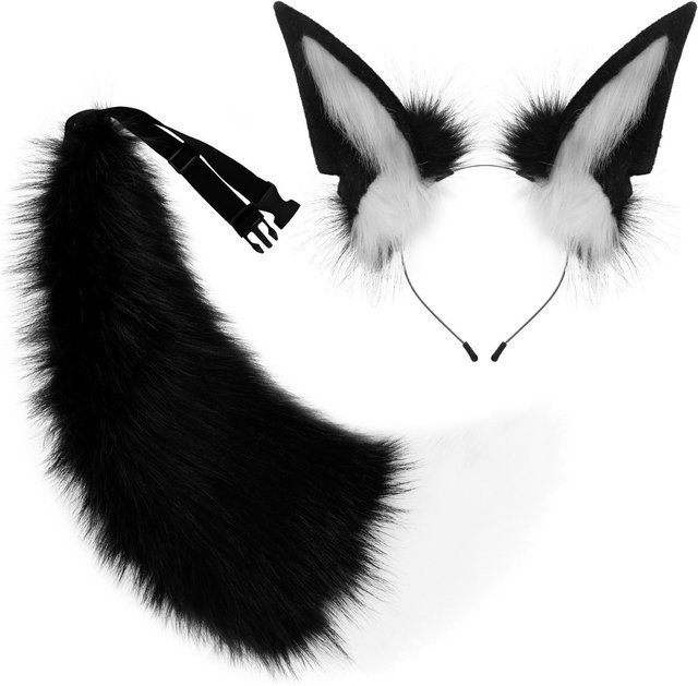 YIRAN Fuchs Ohren Stirnband und Wolf Schwanz, 2-teiliges Set, Plüsch, Schwarz - Bild 1