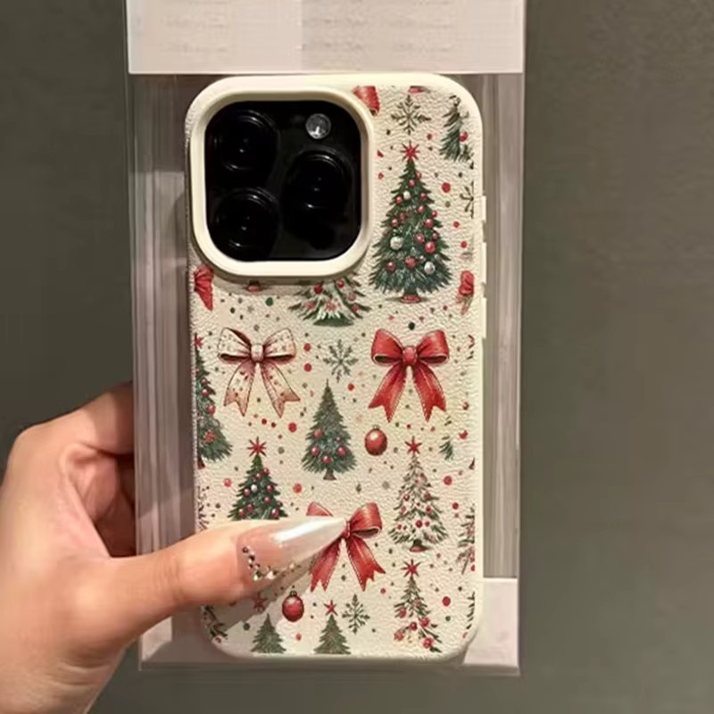 Handyhülle mit Weihnachtsbaum und roter Schleife für iPhone 17 16 15 14 13 12 11 Pro Max Plus XR in Rot und Weiß aus Soft TPU - Bild 2