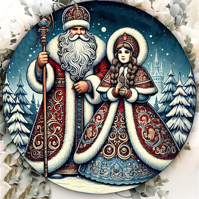 Potdemiel Weihnachtsschild Väterchen Frost und Schneemädchen Rund aus Metall, Durchmesser: 20,32 cm, Mehrfarbig - Bild 1
