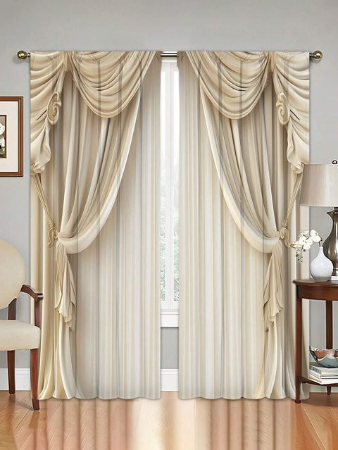 Yiran Furniture 2-teiliges Vorhangset aus Polyester im Retro-Stil, beige, halbtransparent, Breite: 100 cm, Höhe: 240 cm - Bild 1