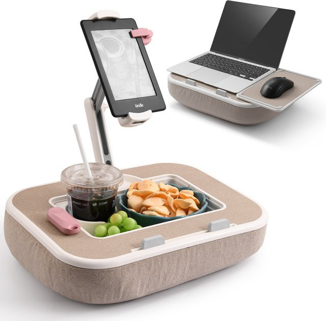 Oatsbasf Kissen-Tablet-Ständer mit Stauraum und 360 Grad drehbarem Clip für Handys, Tablets, Kindle und Laptops bis 15 Zoll in Beige - Bild 1