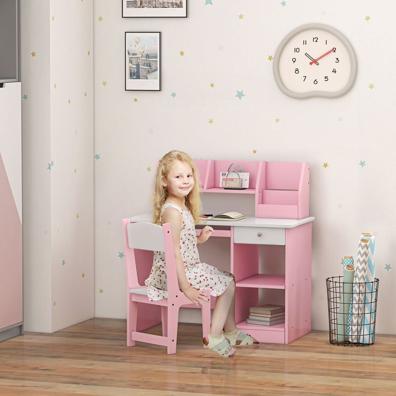 ZONEKIZ Kinderschreibtisch-Set mit ergonomischem Stuhl in Rosa, Schreibtisch mit 2 Schubladen und Regalen für Kinder, B/T/H: 90 x 45 x 90 cm - Bild 2