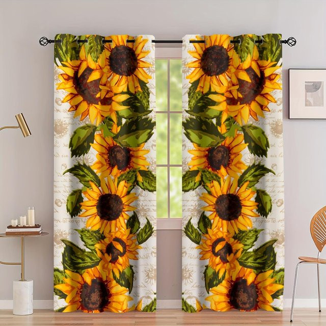 2-teiliges Yiran Furniture Vorhangset mit Sonnenblumen-Print in Gelb, semi-transparent, B: 50 cm, H: 130 cm - Bild 1